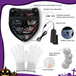 Halloween-mask med skelett-handskar, 3-läges upplyst läskig LED-mask med LED-glödande handskar, Halloween-dekorationer><noscript><img width=