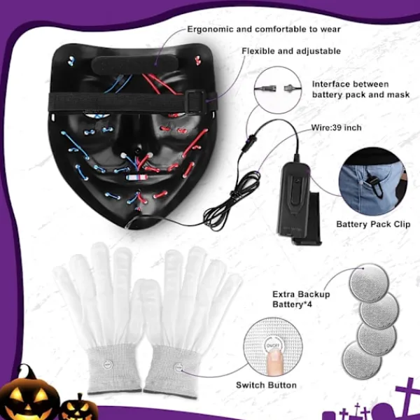 Halloween-mask med skelett-handskar, 3-läges upplyst läskig LED-mask med LED-glödande handskar, Halloween-dekorationer> Masker