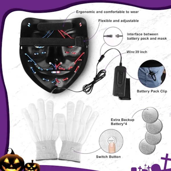 Halloween-mask med skeletthandskar, 3-läges upplyst läskig LED-mask med LED-glödande handskar, Halloween-dekorationer-FA-> Tillbehör