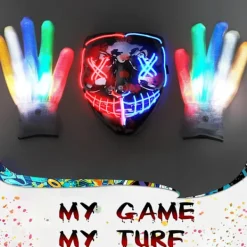 Halloween-mask med skeletthandskar, 3-läges upplyst läskig LED-mask med LED-glödande handskar, Halloween-dekorationer-FA-><noscript><img width=