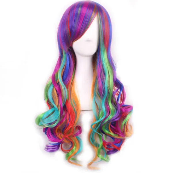 Harajuku Peruk, Långt Lockigt Hår för Kvinnor med Snedlugg, Helhuvudperuk med Stora Vågor> Peruker