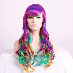 Harajuku Peruk, Långt Lockigt Hår för Kvinnor med Snedlugg, Helhuvudperuk med Stora Vågor><noscript><img width=