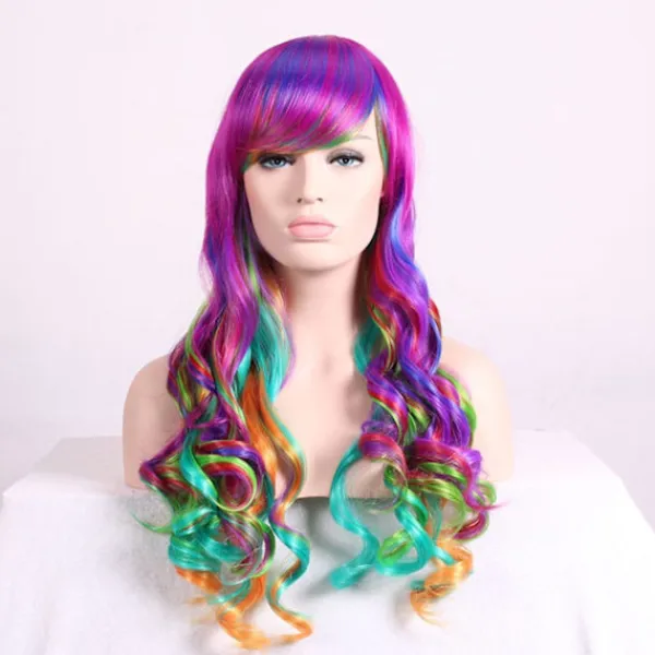 Harajuku Peruk, Långt Lockigt Hår för Kvinnor med Snedlugg, Helhuvudperuk med Stora Vågor> Peruker