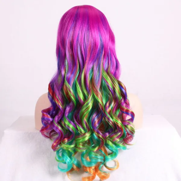 Harajuku Peruk, Långt Lockigt Hår för Kvinnor med Snedlugg, Helhuvudperuk med Stora Vågor> Peruker