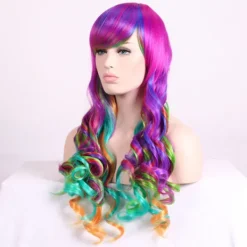 Harajuku Peruk, Långt Lockigt Hår för Kvinnor med Snedlugg, Helhuvudperuk med Stora Vågor><noscript><img width=