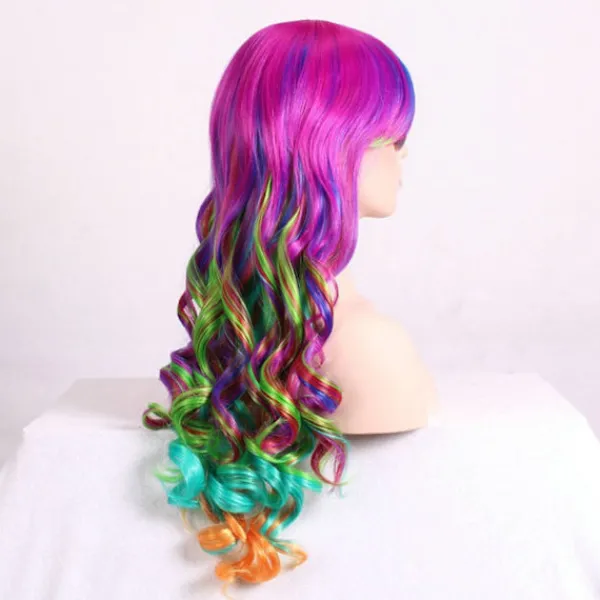 Harajuku Peruk, Långt Lockigt Hår för Kvinnor med Snedlugg, Helhuvudperuk med Stora Vågor> Peruker