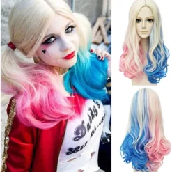 Harley Quinn Lång Cosplay Peruk för Kvinnor - Blond Blå Rosa Halloween[JUN]> Peruker
