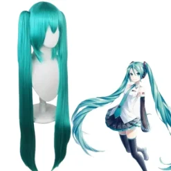Hatsune Miku Peruk Cosplay Party Peruker med 2 Hästsvansar Långa Raka Peruker Halloween Karneval Rekvisita> Peruker