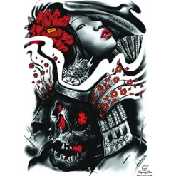 XiaoTeng HEL RYGGTAVLA! Tillfällig Tatuering 48 x 34cm - Japansk dödskallekrigare / tjej> Smink