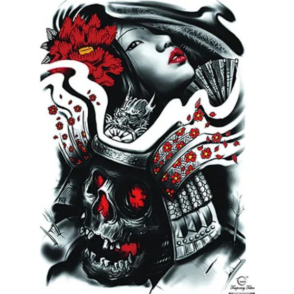XiaoTeng HEL RYGGTAVLA! Tillfällig Tatuering 48 x 34cm - Japansk dödskallekrigare / tjej> Smink