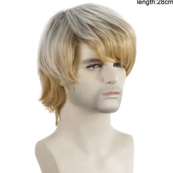 Herr Kort Ljusblond Peruk med Sned Lugg> Peruker