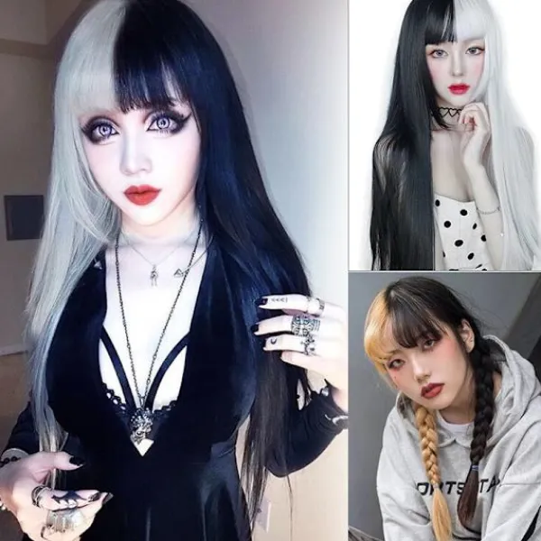 LBSS Hög temperatur Wire Peruk med Air Bangs Långt rakt tvåfärgat hår för kvinnor> Peruker