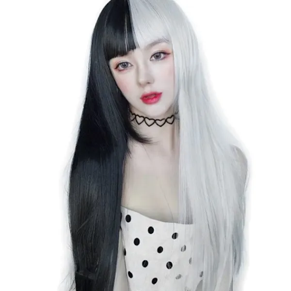 LBSS Hög temperatur Wire Peruk med Air Bangs Långt rakt tvåfärgat hår för kvinnor> Peruker