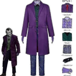 Högkvalitativ Heath Ledger Cosplay Kostym Halloween Herr Film The Dark Knight Joker Kostym Lila Jacka Kompletta Set V L> Dräkter