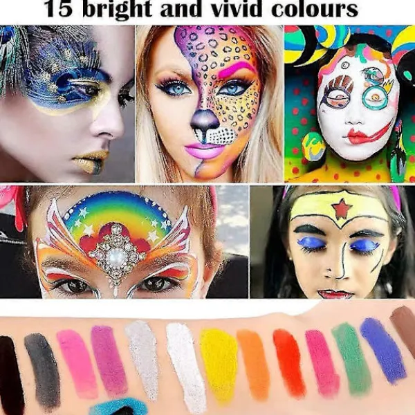 Högkvalitativt 15-delars ansiktsmålningsset för barn, ansiktsmålningskit + 4 mallar + 2 penslar> Smink