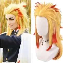 Högtemperaturfiber Peruker för män och kvinnor För manlig fest Halloween Kimetsu no Yaiba kort cosplay peruk syntetisk (Rengoku Kyo> Peruker