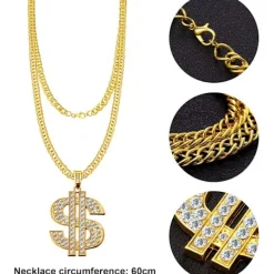 Hiphop-kostymset med hinkhatt, solglasögon, ring och guldkedja med dollartecken> Tillbehör