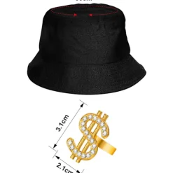 Hiphop-kostymset med hinkhatt, solglasögon, ring och guldkedja med dollartecken><noscript><img width=