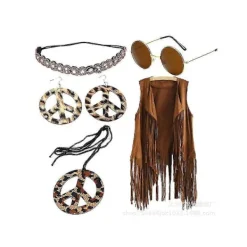Hippies Fredshalsband I 60-tals Party Kostym Örhängen Huvudduk Leopardtryck Tillbehör Retro Hårband Glasögon-Yvan (FMY) L><noscript><img width=