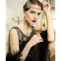 Huvudband i 1920-talsstil med fjädrar och pärlor, inspirerat av konst från 1920-talet, bladkrona, pärla (grön)> Huvudbonader