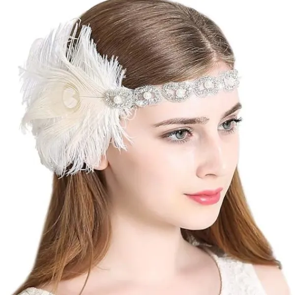 Huvudband 1920-tal Huvudbonad Retro Stil Rytande 20-tal Accessoarer för Kostym Bal Fest (Vit)> Huvudbonader