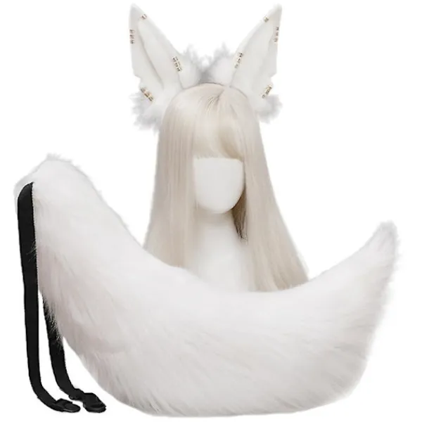 Huvudbonad med djuröron, svansset, metallring, hårbåge, handgjord cosplay-klänning (vit)> Huvudbonader