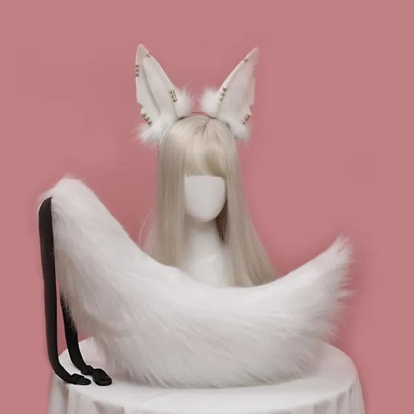 Huvudbonad med djuröron, svansset, metallring, hårbåge, handgjord cosplay-klänning (vit)> Huvudbonader