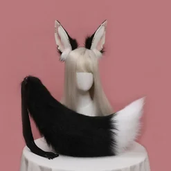 Huvudbonad med djuröron, svansset, metallring, hårbåge, handgjord cosplay-klänning (vit)><noscript><img width=