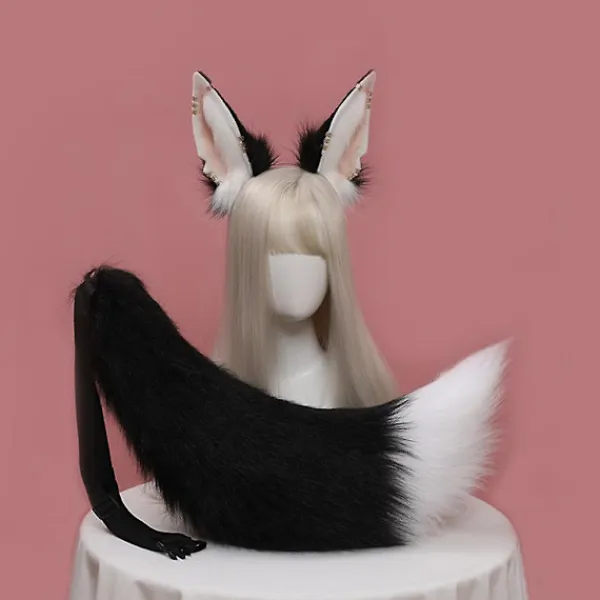 Huvudbonad med djuröron, svansset, metallring, hårbåge, handgjord cosplay-klänning (vit)> Huvudbonader