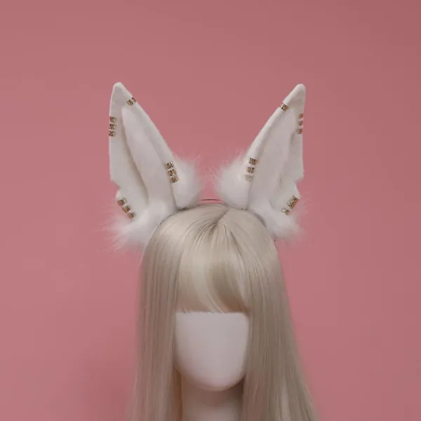 Huvudbonad med djuröron, svansset, metallring, hårbåge, handgjord cosplay-klänning (vit)> Huvudbonader