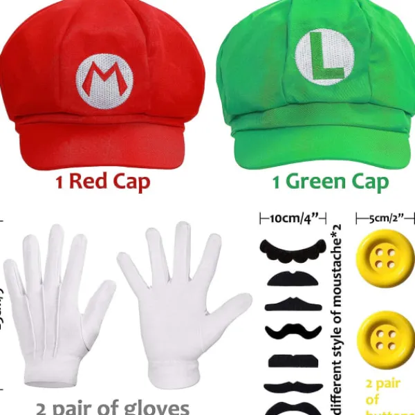 IC Super Mario Bros Mario och Luigi Hattar Mössor Mustascher Handskar Knappar Cosplay Kostym> Tillbehör
