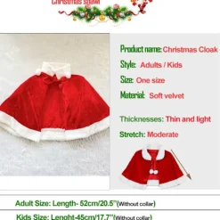 Jul Sammet Sjal Kappa Cape Fru Santa Claus Cape Robe Halloween Kostym Röd Med Hätta 90cm/35