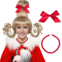 Julblond Peruk med Röd Rosett och Halsband Flickor Kvinnor Långa Flätor Juldräkt Peruk Tillbehör> Peruker