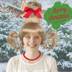 Julblond Peruk med Röd Rosett och Halsband Flickor Kvinnor Långa Flätor Juldräkt Peruk Tillbehör> Peruker