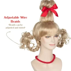 Julblond Peruk med Röd Rosett och Halsband Flickor Kvinnor Långa Flätor Juldräkt Peruk Tillbehör><noscript><img width=
