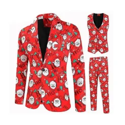 LAIQIANKUA Juldräkt 3st/ set Blazer Kostym Finklänning Väst Blazer Byxor Jultomte Printed Formell klänning Outfits Tmall> Dräkter