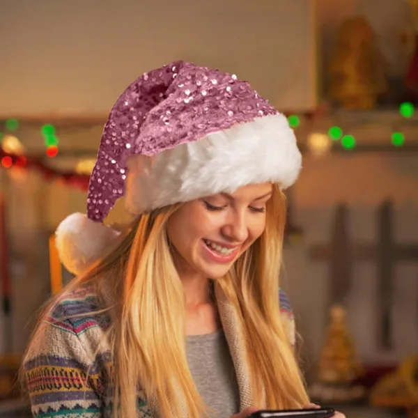 Julhatt, paljettprydd julhatt, lämplig plyschjulhatt för vuxna (rosa)> Huvudbonader