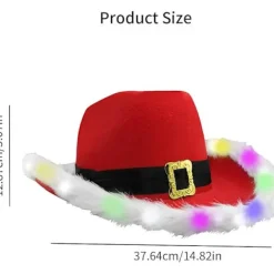 Julklapp för kvinnor och män - Ljusupplyst LED-blinkande julklapp med fjäderhatt Cowboy Röd Jultomte Western Semesterhatt> Tillbehör