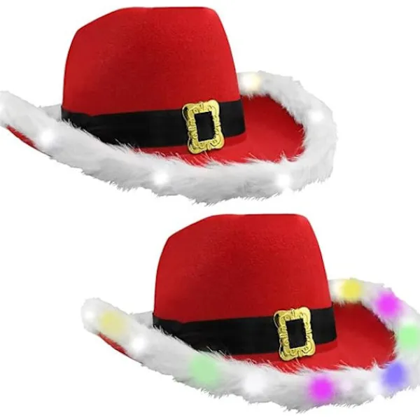 Julklapp för kvinnor och män - Ljusupplyst LED-blinkande julklapp med fjäderhatt Cowboy Röd Jultomte Western Semesterhatt> Tillbehör