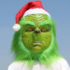 Julmask Jultomtemask, Grön Rolig Mask med Julhatt, Grinchen Jultomte Kostym Mask - Latex, Unisex> Masker