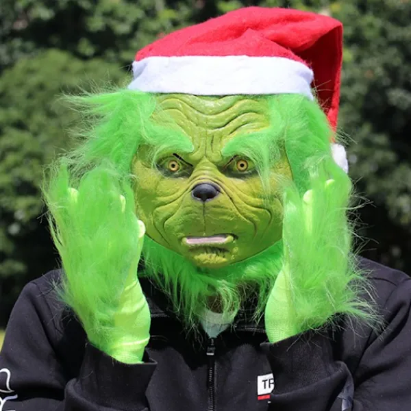 Julmask Jultomtemask, Grön Rolig Mask med Julhatt, Grinchen Jultomte Kostym Mask - Latex, Unisex> Masker