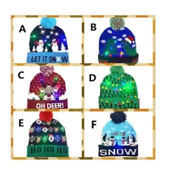 Julmössa med Jultomte- och älgmotiv, stickad mössa med LED-ljus, tecknad film, julklapp till barn, nyårstillbehör (F)> Huvudbonader