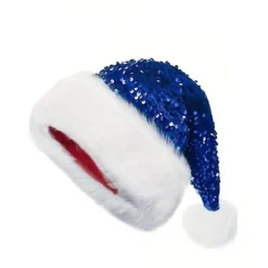 Julstämning glitterhatt, dubbelsidiga paljetter, tjock plyschhatt, lämplig för föreställningar, fester, blå Blue> Huvudbonader
