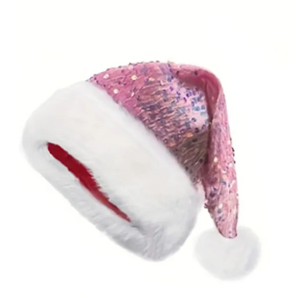 Julstämning glitterhatt, dubbelsidiga paljetter, tjock plyschhatt, lämplig för föreställningar, fester, rosa> Huvudbonader