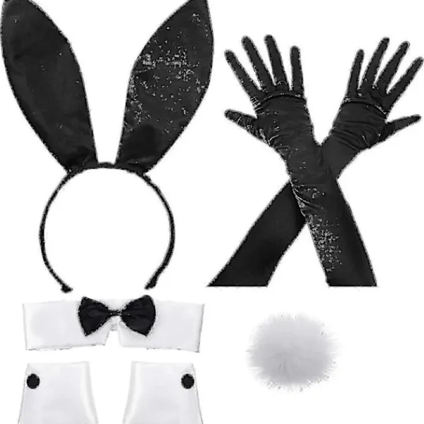 Kanindräktsset för jul- och påskcosplay – Inkluderar kaninöronband, krage med fluga, manschetter, långa svarta handskar och kaninsvans> Tillbehör
