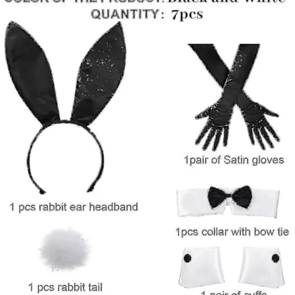 Kanindräktsset för jul- och påskcosplay – Inkluderar kaninöronband, krage med fluga, manschetter, långa svarta handskar och kaninsvans> Tillbehör