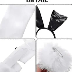 Kanindräktsset för jul- och påskcosplay – Inkluderar kaninöronband, krage med fluga, manschetter, långa svarta handskar och kaninsvans><noscript><img width=