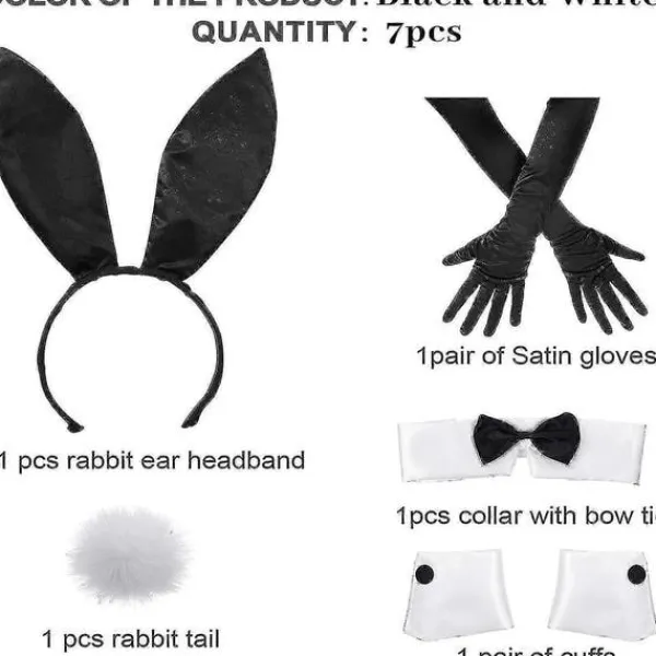Kaninkostymset för jul, påskcosplay - Inkluderar kaninöronpannband, krage med fluga, manschetter, långa svarta handskar och kaninsvansaccessoar> Tillbehör