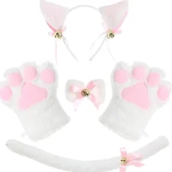 Katt cosplay kostym set kattunge svans öron krage tassar handskar kit för halloween tillbehör 5 st> Dräkter