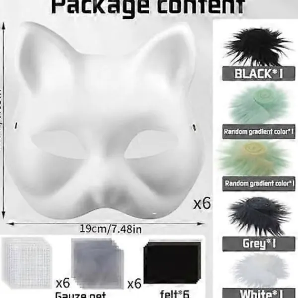 Kattmask med päls och nätöga, tomma pappersmasker för DIY, vita målningspappersmasker, kattmask för DIY Halloween Mardi Gras-fest_max> Masker